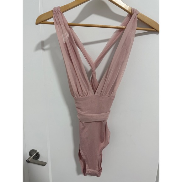 H&M Pink Bodysuit Sleeveless Criss Cross Ruched Mesh Top Elegant Women's Size 2 - Picture 5 of 7